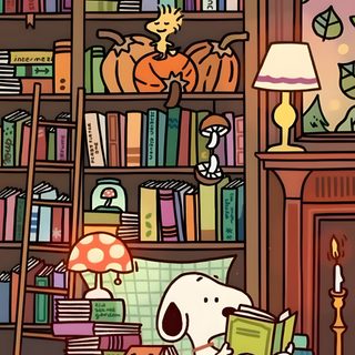a dog is sitting in front of a book shelf filled with books and pumpkins Background Snoopy Halloween sienna