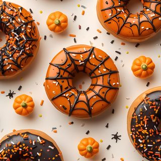 halloween donuts with sprinkles and black icing on white surface next to spider web Halloween Treats Halloween Donuts 2025, Donuts Halloween, Halloween-themed Decorated Donuts, peru