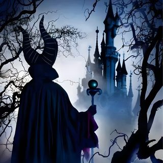a wizard standing in front of a castle at night Maleficent Halloween Maleficent Castle, Malificent Castle, Maleficents Castle, midnight blue