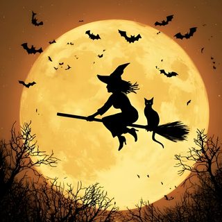 a halloween scene with a full moon and witch on a broom flying through the air Witch Broomstick For Halloween Halloween Wall Art, Fabric Painting, Halloween Painting, saddle brown