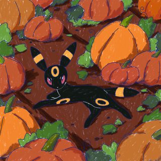 a drawing of a black cat surrounded by pumpkins Halloween Umbreon Christmas Is Coming, Fall Pokemon Art, Pokemon Cards, Pokemon Eevee, saddle brown