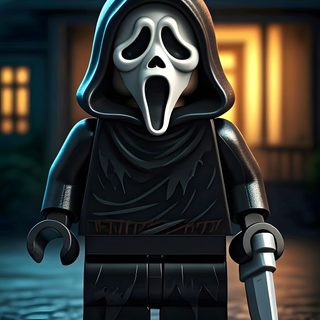 a lego figure with a ghost face and knife in front of a house at night Halloween Lego Creepy Gif, Lego Universe, Creepy Vintage, Horror Pictures, Lego, Scream Movie, black