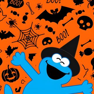 an image of a cartoon character with halloween decorations on the wall behind it and words that spell out boo Sesame Street Halloween Cookie Monster Halloween Gif, Cookie Monster Halloween, Elmo And Cookie Monster Background, chocolate