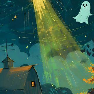 an alien flying over a barn in the night with ghost on it's roof Alien Halloween Cryptid Phone, Cute Ufo, Ufo Aesthetic, Spooky Phone, Green Ghost, dark slate gray