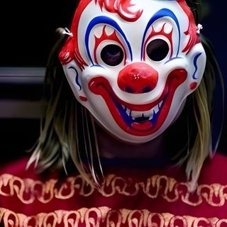 a woman wearing a red and blue clown mask with long hair in front of her face Halloween Rob Zombie Halloween Rob Zombie, Zombie Photo, Michael Myers Art, Halloween 2007, Evil Dead, maroon