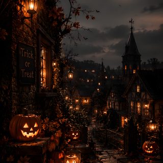 halloween pumpkins lit up in front of an old building with a full moon behind them Halloween Village Ideas black
