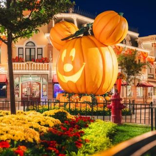 a mickey mouse pumpkin lantern on display in front of a building with flowers and trees Disneyland Halloween Aesthetic Walt Disney World Halloween, Disney Parks Halloween, Disneyland Fall, dark olive green