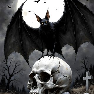 a bat sitting on top of a skull in front of a full moon Halloween Skull And Bat Creepy Bats, Scary Bats, Skull And Bat, Halloween Skull And Bat, dark slate gray