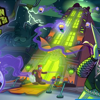 an image of halloween nights on the app store's webpage, with characters in costume Club Penguin Halloween Club Penguin Ghost, Club Penguin Halloween, Town Club Penguin, dim gray