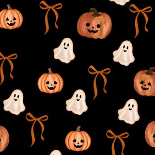 halloween pumpkins and ghost faces on black fabric with orange ribbon bow tie, seamless background Halloween black