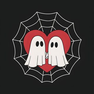 two white ghost heads in front of a red heart on a black background with spider web Halloween Valentines Halloween Heart, Ghost Face Valentines Day, Valentines Ghost, Valloween, black
