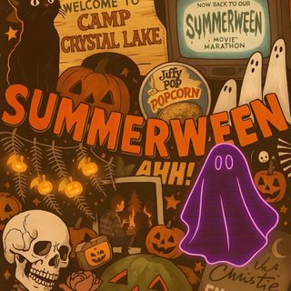 an image of halloween poster with pumpkins, ghost and other things on it's side Halloween Summerween Summer Ween, Summer Spooky, Summerween Aesthetic, Spooky Summer, saddle brown