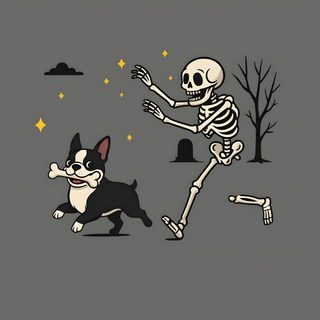 a skeleton running next to a dog with a bone in it's mouth, Halloween Boston Terrier Funny Boston Terriers, Boston Terrier Halloween, Boston Terrier Illustration, dim gray