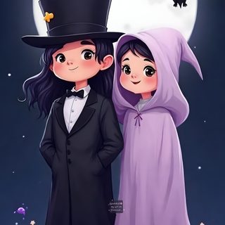 two children dressed up as witches and bats for halloween night with the moon in the background Halloween Couple Iphone dark slate gray