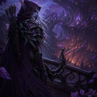 an image of a woman with long hair standing on a balcony in front of the moon World Of Warcraft Halloween Sylvanas, Forsaken Wow, World Of Warcraft, Warcraft, black