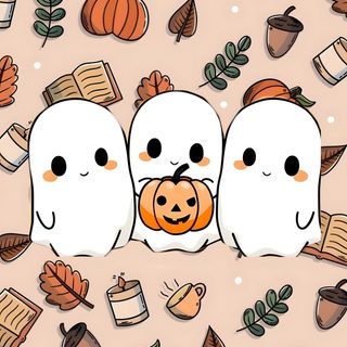 two ghost with pumpkins and books on a pink background, surrounded by autumn leaves Cute Halloween Bff Cute Ghost, Phone Backgrounds, Ghost, Halloween, wheat
