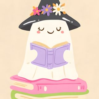 a cartoon character is reading a book while wearing a witches hat Cute Animated Halloween blanched almond