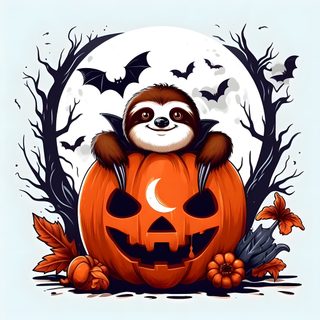 a slotty sitting on top of a pumpkin in front of a full moon with bats Halloween Sloth Halloween Owl Illustration, Halloween Clipart, Clip Art, Halloween, lavender