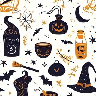 halloween seamless pattern with pumpkins, witches and booze bottles on white background Halloween Magic Potions Light Greysmall Witch Pattern Background, Background Halloween, Witch Background, floral white