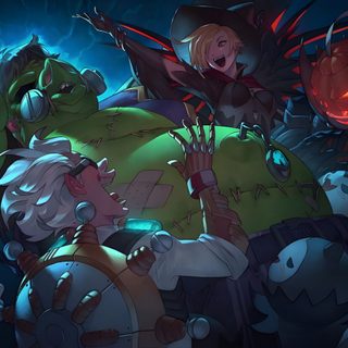 an image of some cartoon characters in front of a dark background with glowing eyes and arms Overwatch Halloween Overwatch Halloween Matching Pfp, Roadhog And Mercy, Halloween Mercy Fanart, dark slate gray
