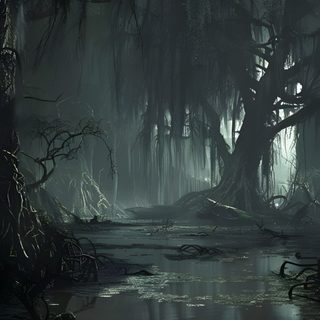 a swampy area with trees and water in the foreground, surrounded by moss Halloween Swamp Dark Jungle Cinematic, Bog Map, Fantasy Lands, Shadow Forest, Swamp Realm, dark slate gray