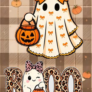 a halloween card with an image of a ghost, pumpkins and boo on it Cute Halloween Boo dark salmon