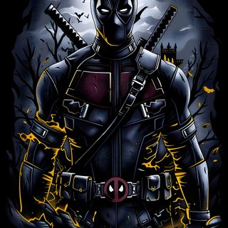 an image of a man in armor holding two swords on his chest with lightning behind him Deadpool Halloween Dark Deadpool, Black Deadpool, Cool Deadpool, Deadpool Black, Punisher Cover Art,