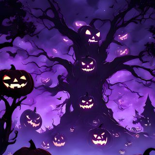 three jack o lantern pumpkins in front of a purple sky with bats and trees Purple Edgy Aesthetic Halloween Halloween Backgrounds, Halloween Cute, Halloween Scarecrow, midnight blue