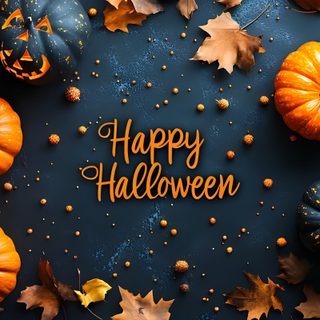 pumpkins and leaves with the words happy halloween written in gold on a black background Happy Halloween Desktop Autumn Scenes, Happy Halloween, Halloween, dark slate gray