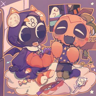 two cartoon cats sitting on top of a bed next to each other, one holding a pumpkin Dandys World Halloween Toons Dandy Comic, Dandy, World Art, Castlevania, Dibujos Animados Bonitos, World, gray