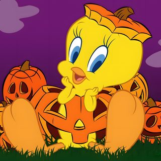 a yellow bird sitting on top of a pile of pumpkins in front of a purple sky Tweety Bird Halloween Tweety Bird Thanksgiving, Tweety Bird Halloween Coloring Pages, Tweety Bird Halloween, sienna