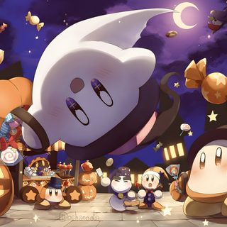 an animated halloween scene with pumpkins and characters Kirby Halloween 4k Kirby Halloween Matching Pfp, Kirby Halloween Pfp, Kirby Fall, Nintendo Halloween, dim gray