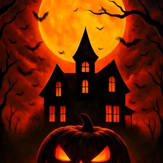 a painting of a halloween pumpkin in front of a house with bats flying around it Apple Iphone Halloween Halloween Pictures Pumpkin, Animated Halloween, Scary Halloween Pumpkin, black