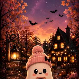a halloween scene with pumpkins and a ghost holding a coffee cup in front of a house Happy Halloween saddle brown
