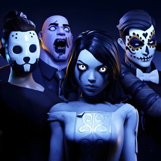 a group of people dressed up in halloween costumes with pumpkins and skulls on their faces Fortnite Halloween Fortnite Graveyard, Fortnite Halloween 2020, Nightmare Before Christmas Fortnite, black
