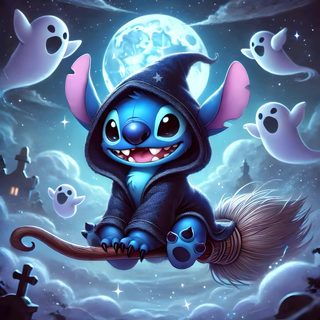 a cartoon character sitting on top of a broom in front of some ghost's Stitch Halloween For Ipad Cute Halloween Stitch Pictures, Halloween Stitch Pictures, Pictures Of Stitch Halloween, steel blue