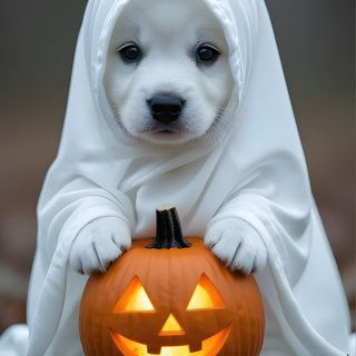a dog dressed up as a ghost holding a pumpkin Halloween Dog Ghost Cute Animals Kawaii, Cute Halloween Puppy, Cute Halloween Puppy Backgrounds, dim gray