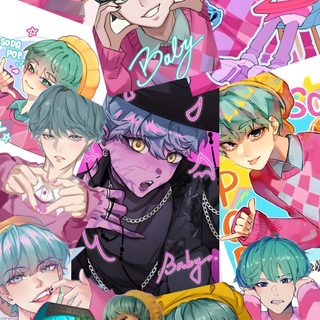 some anime characters with different colored hair and hats on their heads, in front of a pink Baby Saja Halloween American Horror Story Characters, Sunflower Iphone, Demon Baby, Hunter Movie, rosy brown