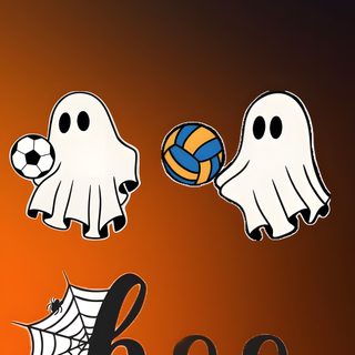 three ghost stickers with the word boo spelled out in front of them and two volleyball balls Volleyball Halloween Ghost Playing Volleyball, Football And Volleyball, Fall Soccer, saddle brown