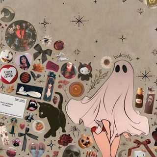 an image of a woman surrounded by stickers Halloween Girl Aesthetic Phone Halloween Aesthetic, Aesthetic Lock Screen Cute Halloween, Cute Spooky Aesthetic Iphone, rosy brown