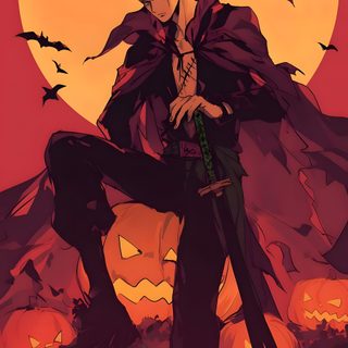 an anime character standing in front of pumpkins with his arms out and hands on his hips Halloween One Piece One Piece Fall, Zoro Nightmare Before Christmas, Christmas One Piece Background, brown