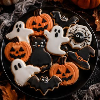 decorated halloween cookies on a plate with pumpkins Halloween Cookie Family Baking, Classroom Treats, Halloween Desserts, Halloween Cakes, Cute Cookies, black