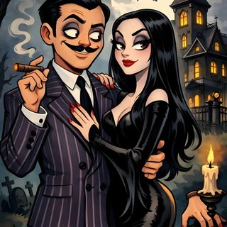 a man and woman dressed up as dracula and batgirl in front of a spooky house Halloween Addams Family Gomez And Morticia Fanart, Morticia And Gomez Addams, Addams Family Theme, dark slate gray
