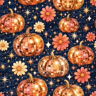 an image of many shiny pumpkins and flowers on a dark blue background with stars Halloween Pattern saddle brown