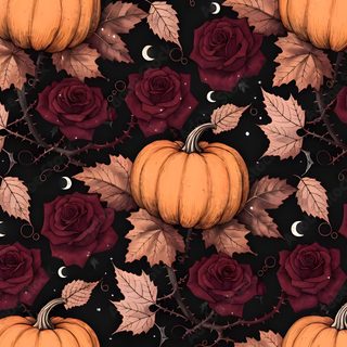 Seamless Gothic Autumn Pattern with Orange Pumpkins, Dark Red Roses, and Leaves| Adobe Stock Halloween Floral Aesthetic maroon