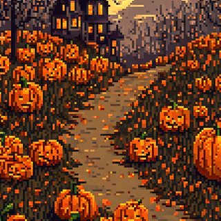 an image of a halloween scene with pumpkins in the foreground and a castle in the background 8 Bit Halloween Spooky Halloween Pixel Art, Pixel Template, Autumn Phone Backgrounds, saddle brown