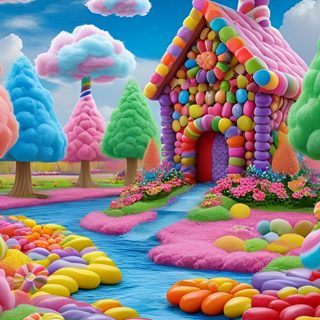 a painting of a house in the middle of a river with candy land around it Halloween Candy House Pics Of Candy Land, Pictures Of Candyland, Candy Land Pics, light slate gray
