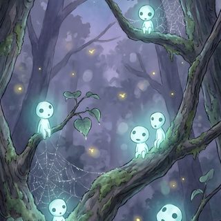 an image of some kind of tree with glowing lights in the branches and small creatures on it Ghibli Halloween Forest Spirits Mononoke, Forest Spirits Studio Ghibli, Ghibli Kindle, dim gray