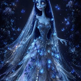 a woman in a blue dress with flowers on her head and long hair, standing in front of a dark background Halloween Iphone Corpse Bride Emily Tim Burton, Corpse Bride, Corpse Bride Art, Match Profile, midnight blue