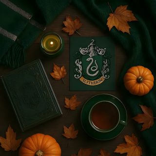 a harry potter book surrounded by autumn leaves and pumpkins with a cup of tea Slytherin Halloween Instagram, Slytherin House, Hogwarts, Harry Potter, black
